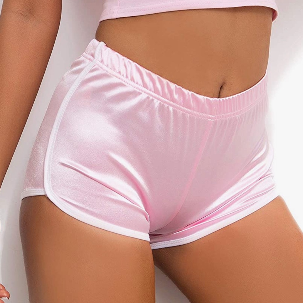 Pink satin Barbie sport shorts sexy booty hot H1